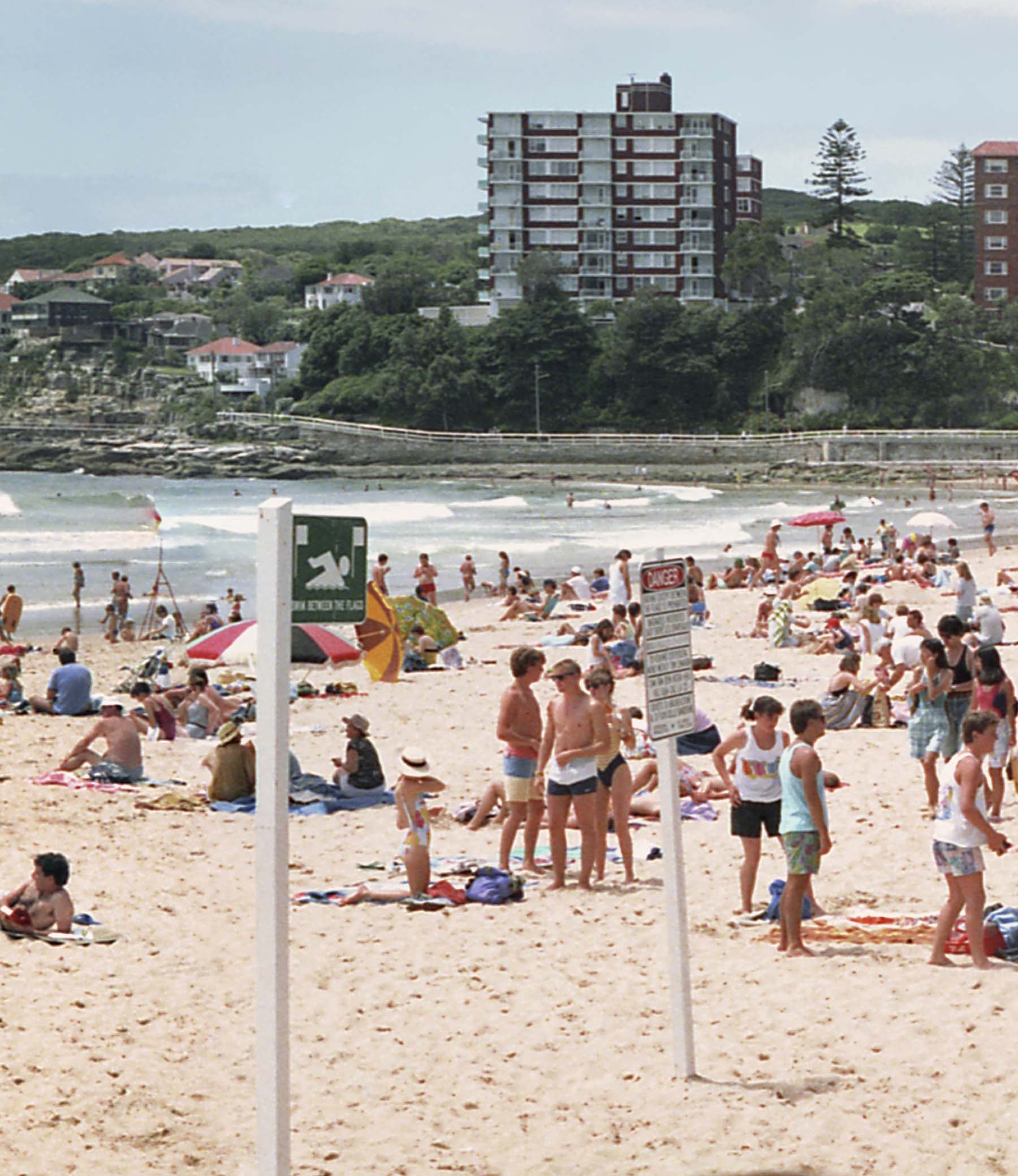 View of people sunbaking and having fun at Manly Beach.