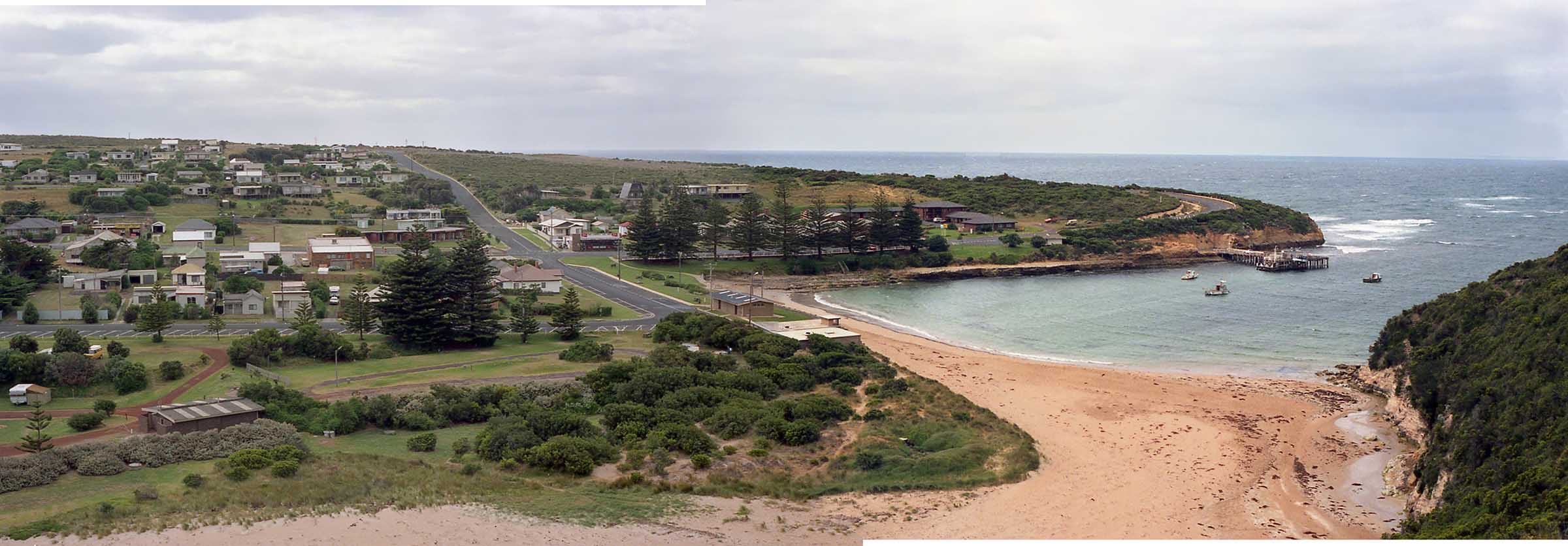 View of the town of Port Campbell and coast, near the Port Campbell National Park.