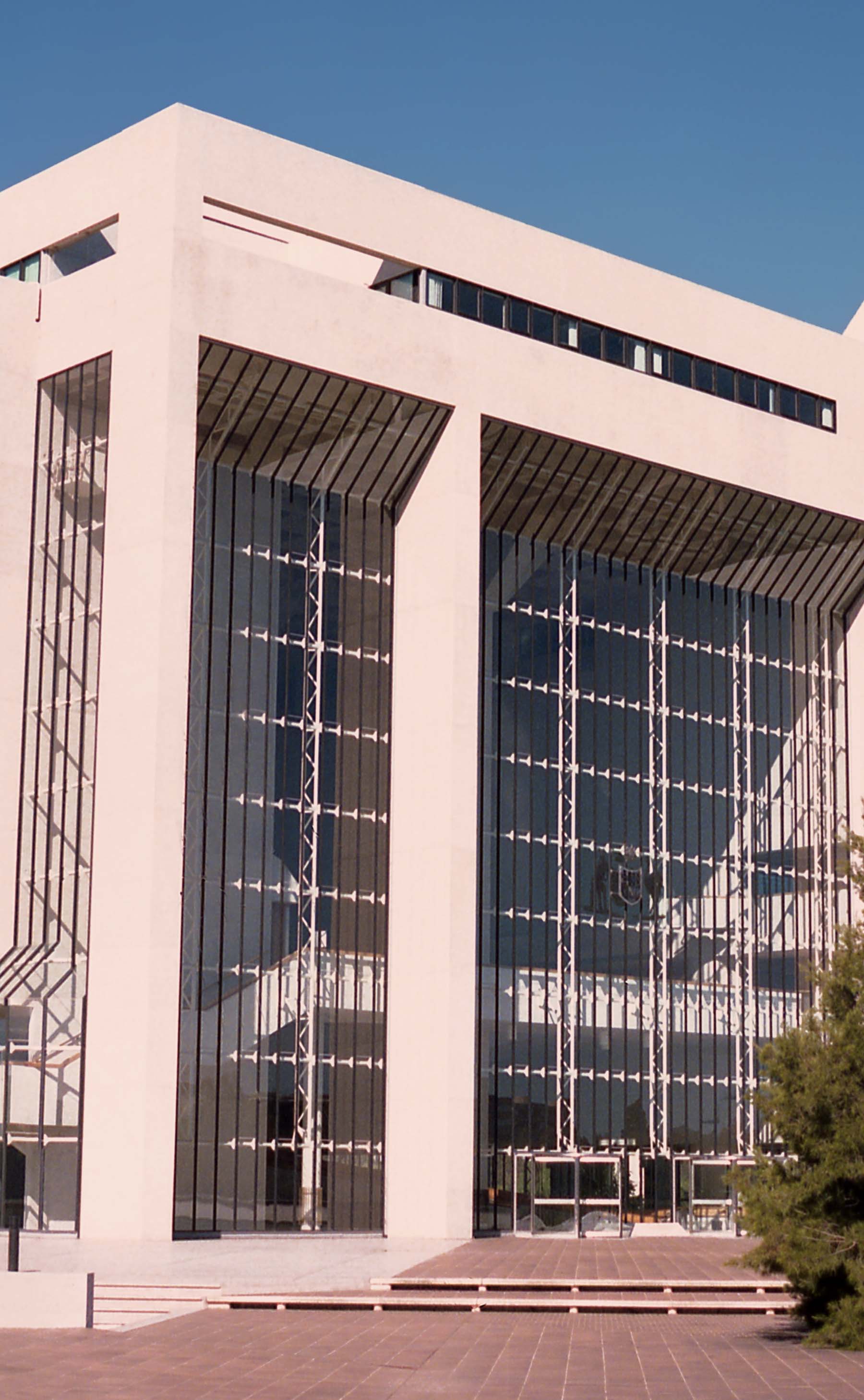 View of glass facade, defining the main entrance to the High Court in Canberra.