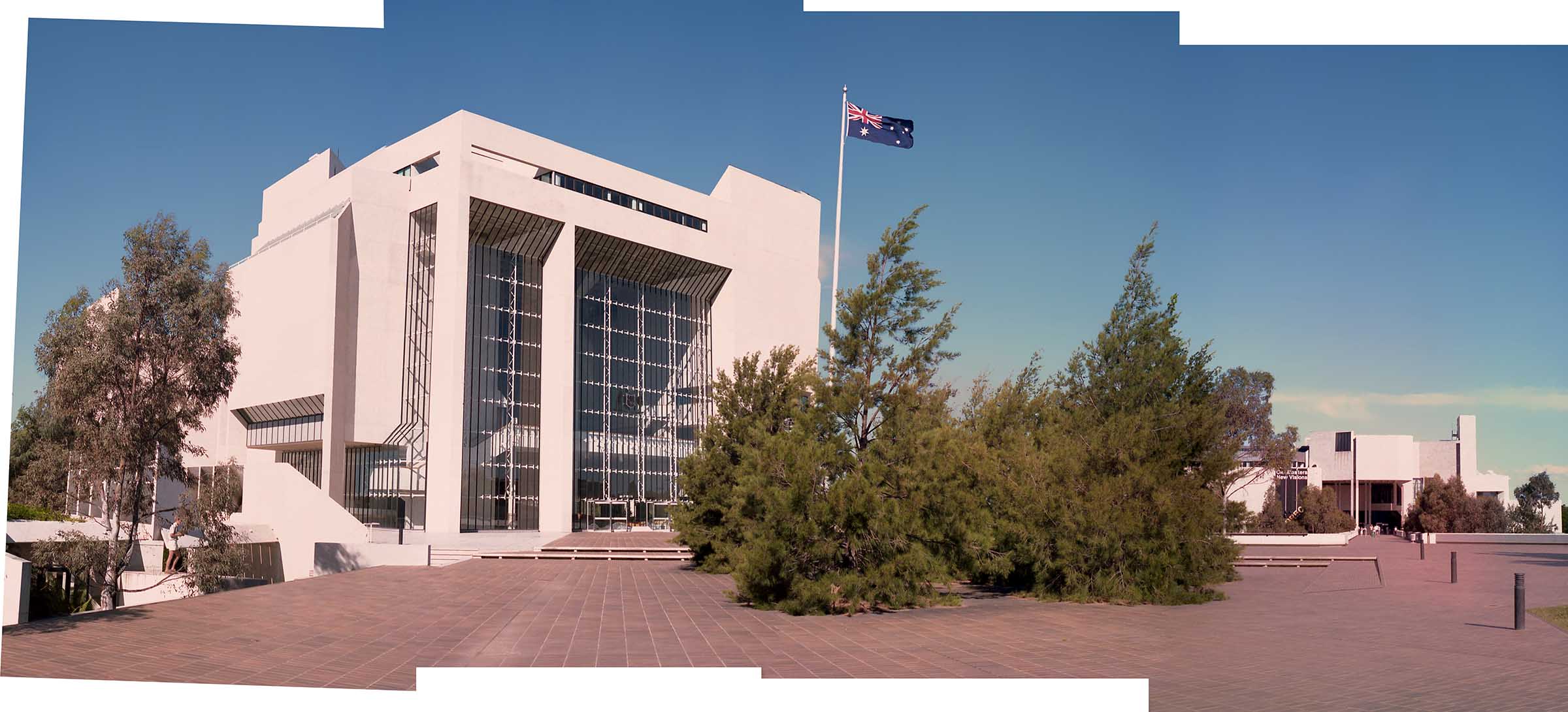 View of the main entrance to the High Court in Canberra.