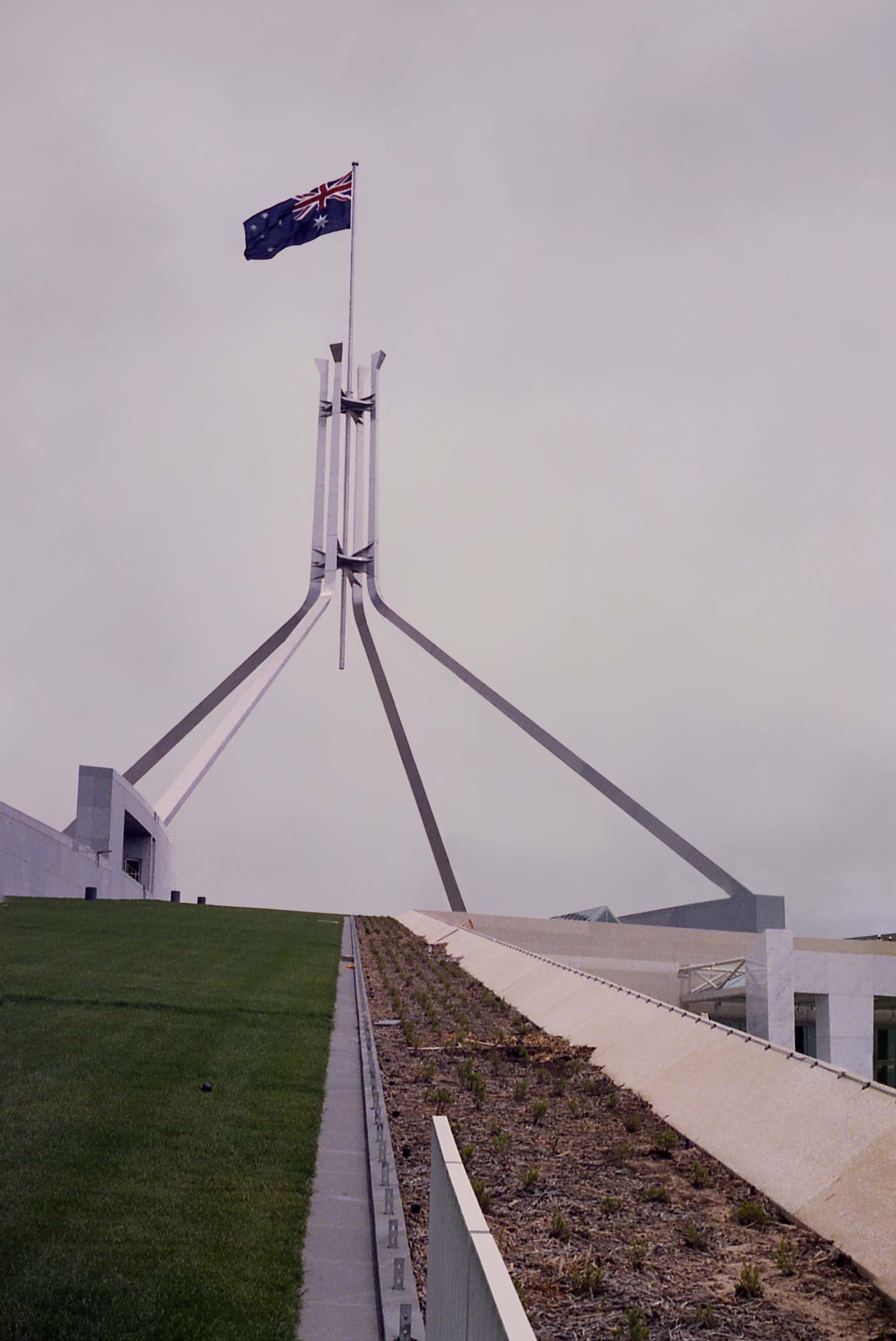 View of the flagpole to the new Parliament House, which was in the final stages of construction.