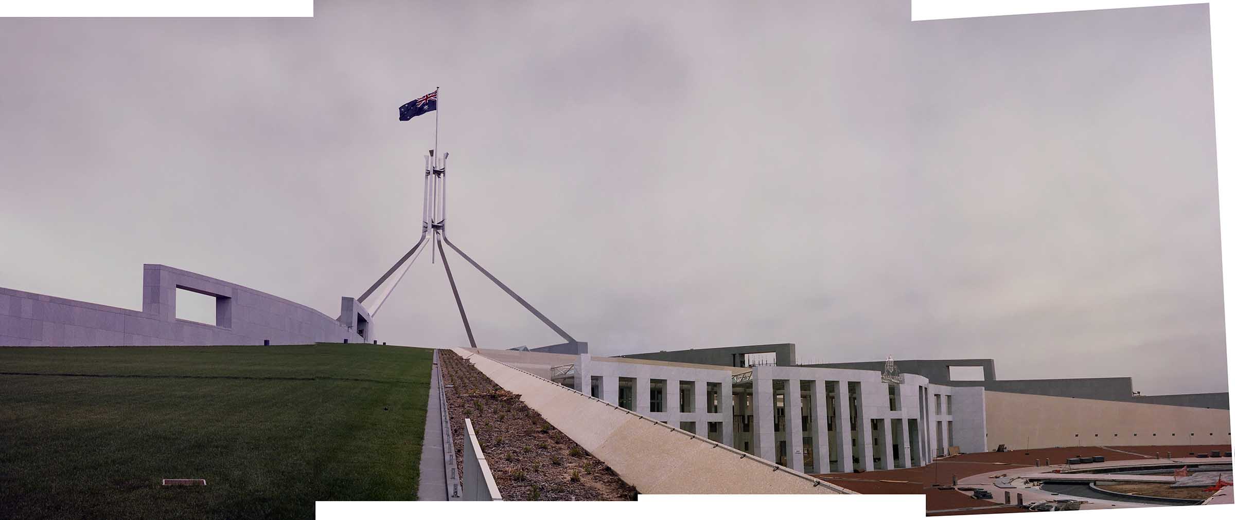 View of the entrance to the new Parliament House, which was in the final stages of construction.