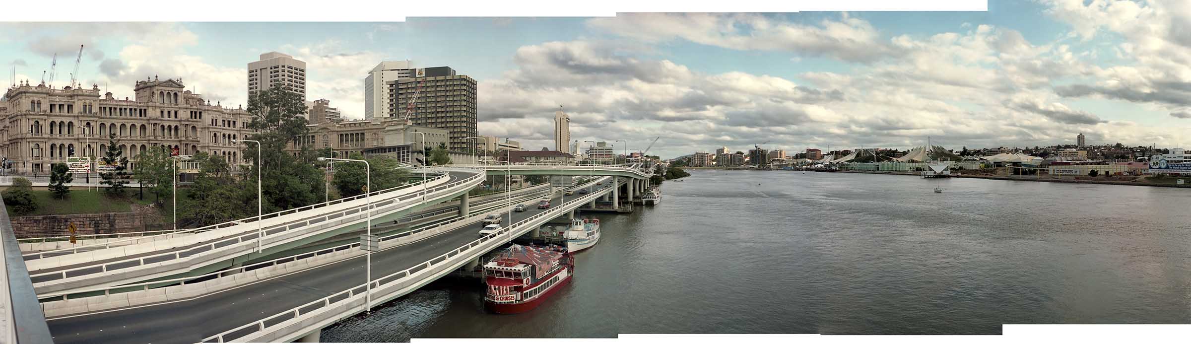 View of the Brisbane skyline (left) and World Expo 88 (right), from Victoria Bridge.