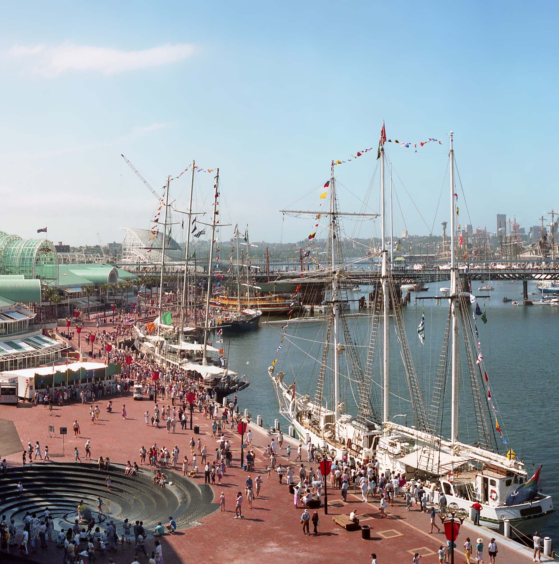 View of ships and crowds from the newly opened Darling Harbour.