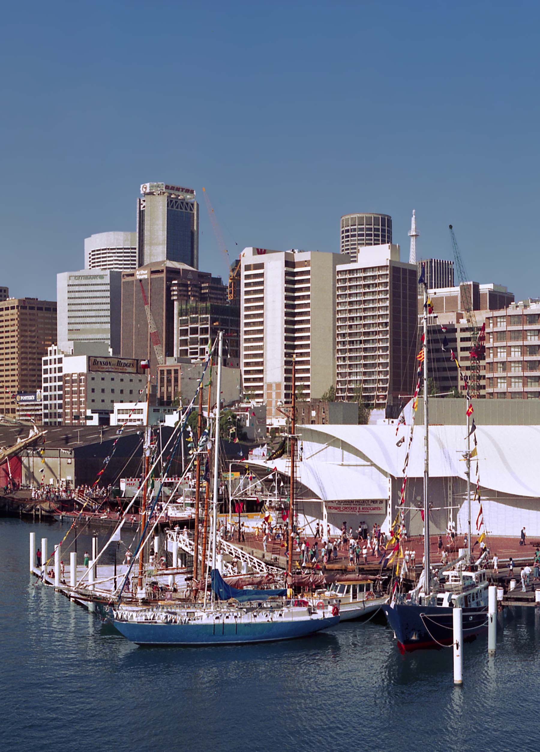 View of the boats and crowds at the newly opened Darling Harbour.