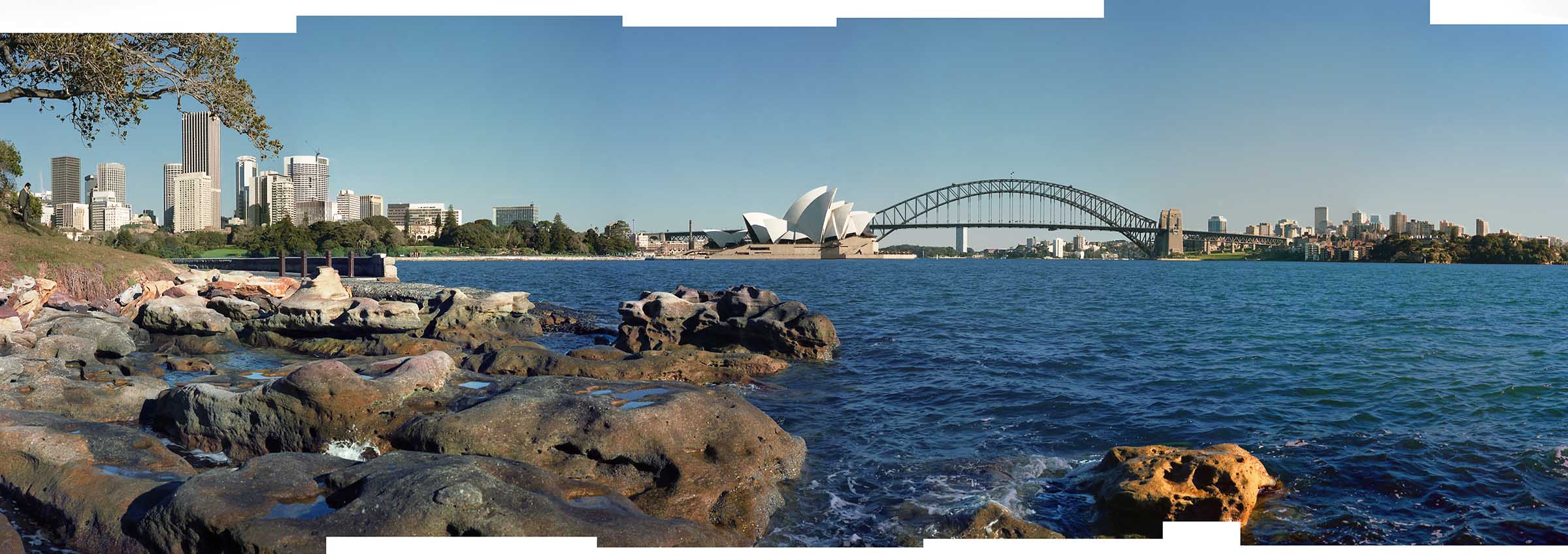 View of Sydney Harbour from Mrs. Macquarie's Point, which includes Farm Cove, city skyline, Opera House, Harbour Bridge, and North Sydney.