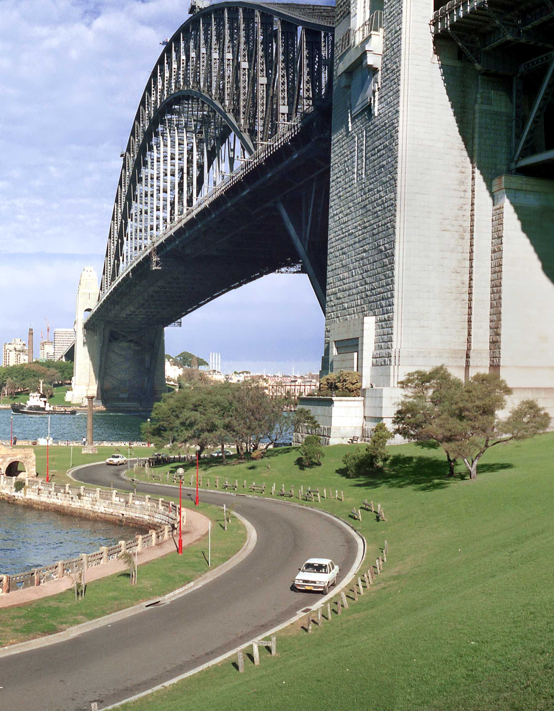 View of underside and the north pylon of the Sydney Harbour Bridge.